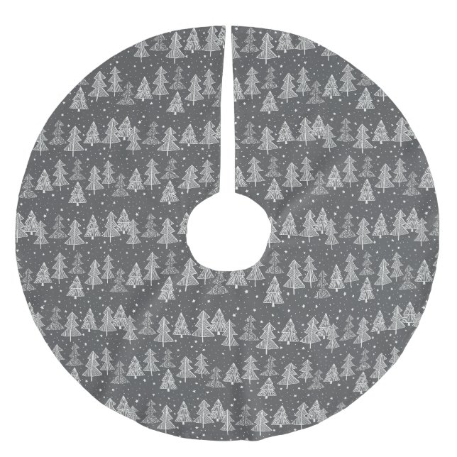 Chalkboard Handdrawn Christmas Trees Snowing Brushed Polyester Tree Skirt (Front)