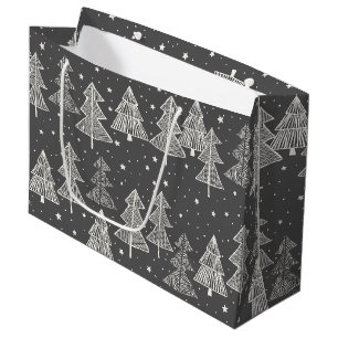 Chalkboard Handdrawn Christmas Trees Snowing Large Gift Bag