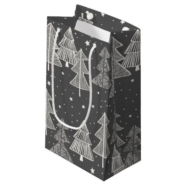 Chalkboard Handdrawn Christmas Trees Snowing Small Gift Bag (Front Angled)