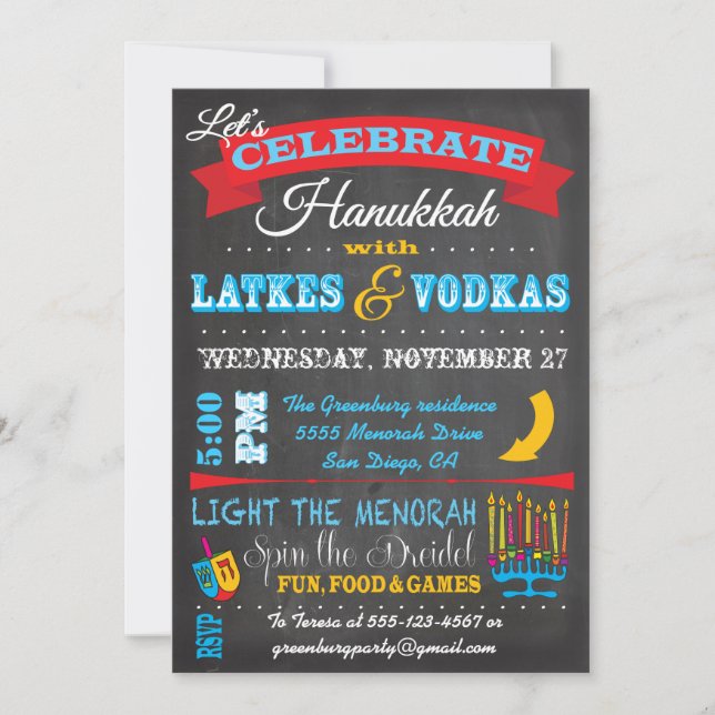 Chalkboard Hanukkah Latkes & Vodkas Invitations (Front)