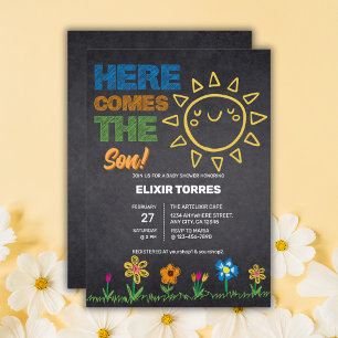 Chalkboard Here Comes The Son Baby Shower Invitation