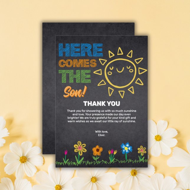 Chalkboard Here Comes The Son Baby Shower Thank You Card (Creator Uploaded)