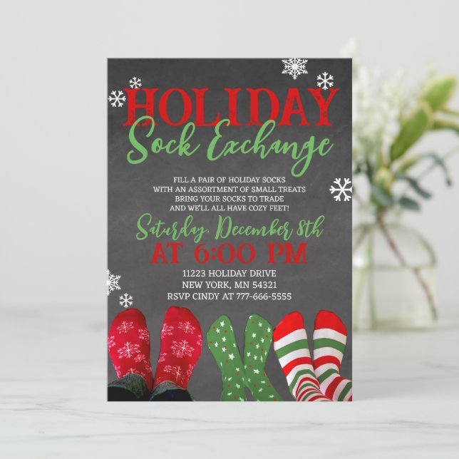 Chalkboard Holiday Sock Exchange Christmas Party Invitation (Standing Front)