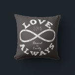 Chalkboard Infinity Love Wedding Date and Names Cushion<br><div class="desc">Celebrate the infinite love between your favourite bride and groom with this customisable pillow! A white chalk infinity symbol and “Love Always” text surrounds a couple's names and wedding date on a black chalkboard background. Makes a beautiful,  modern,  personalised gift.</div>