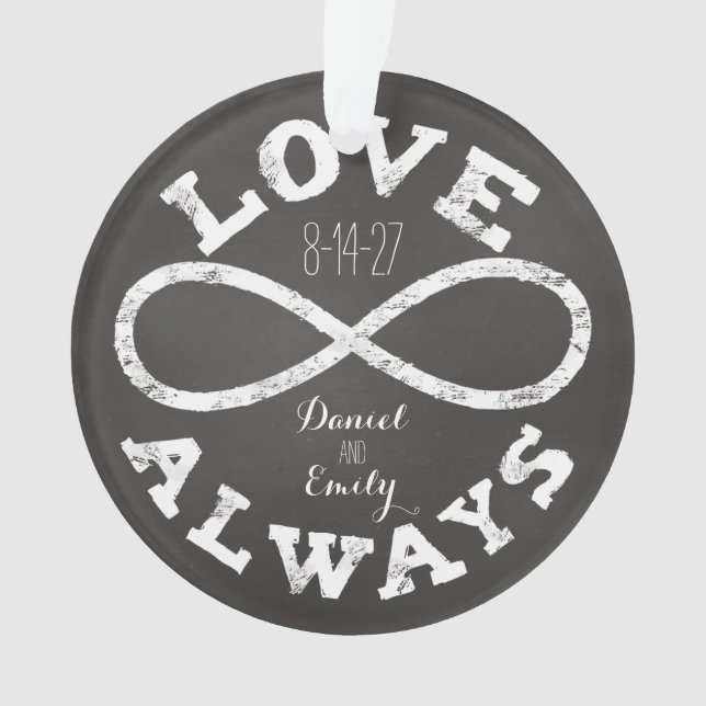 Chalkboard Infinity Love Wedding Date and Names Ornament (Front)