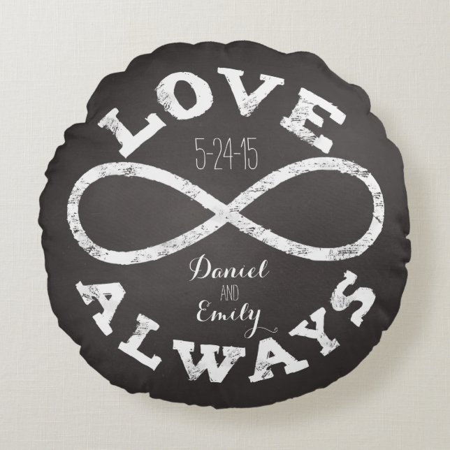 Chalkboard Infinity Love Wedding Date and Names Round Cushion (Front)