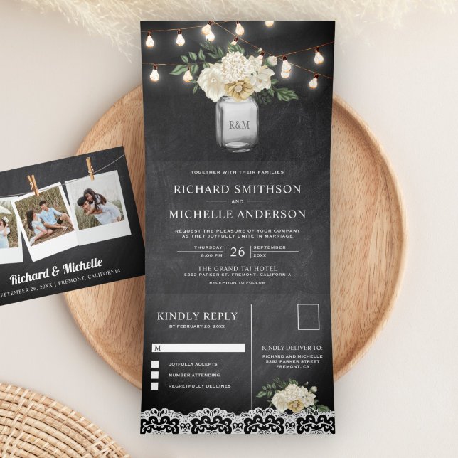 Chalkboard Ivory Floral Mason Jar Lights Wedding Tri-Fold Invitation (Creator Uploaded)