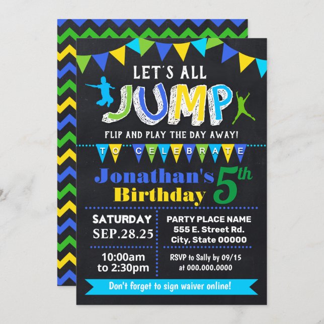 Chalkboard Jump birthday trampoline blue party Invitation (Front/Back)