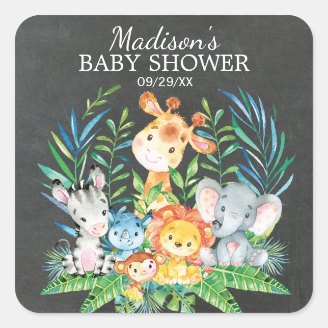 Chalkboard Jungle Animal Baby Shower Favour Sticke Square Sticker (Front)