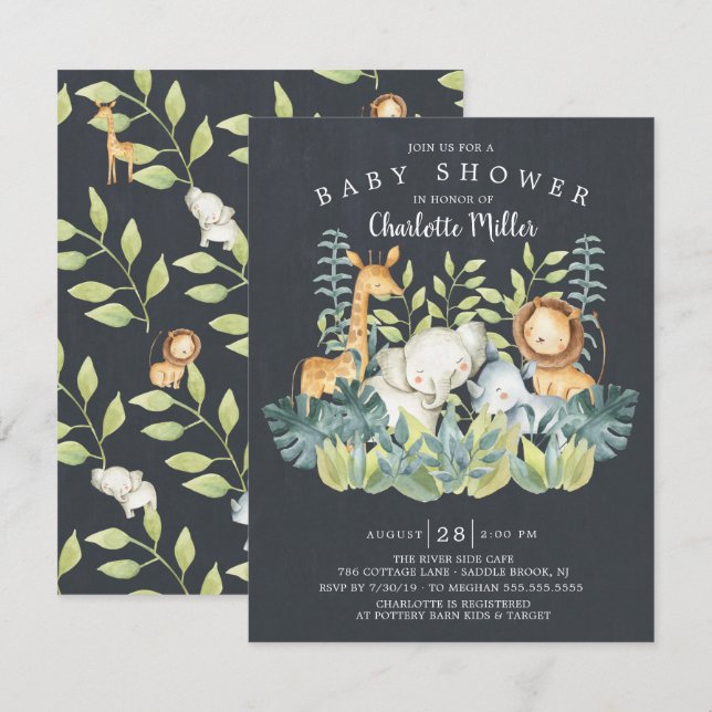 Chalkboard Jungle Animals Neutral Baby Shower Invitation (Front/Back)