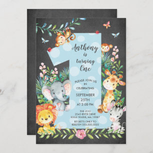 Chalkboard Jungle Big One Boys Birthday Invitation