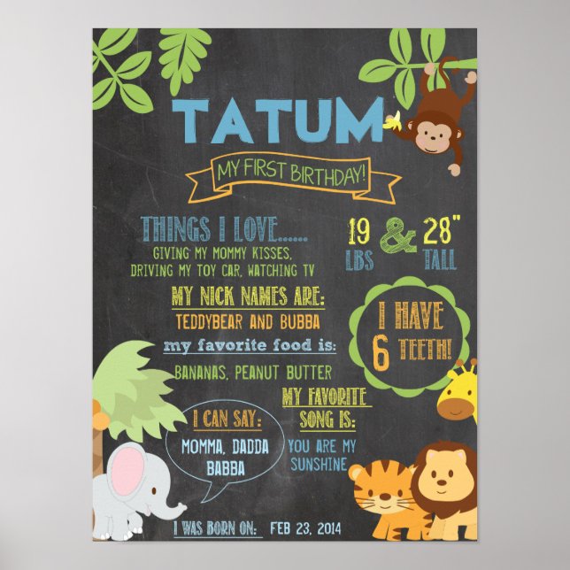 Chalkboard Jungle Party personalised 1 year poster (Front)