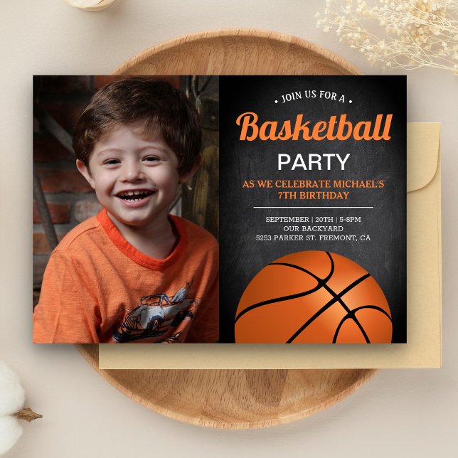 Chalkboard Kids Basketball Birthday Party Photo Invitation (Creator Uploaded)