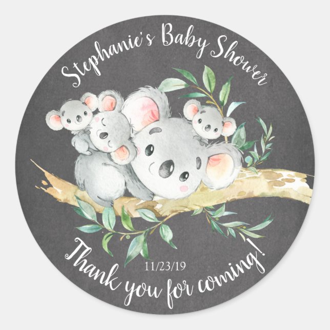 Chalkboard Koala Bear Triplets Baby Shower Favour Classic Round Sticker (Front)