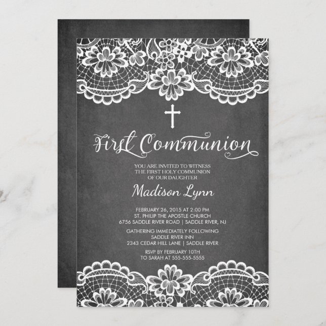 Chalkboard Lace First Holy Communion Invitation (Front/Back)