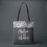 Chalkboard Lace matron of honour Tote Bag<br><div class="desc">Matron of Honour in brush script over black chalkboard and lace background. Personalised name on the back side.</div>