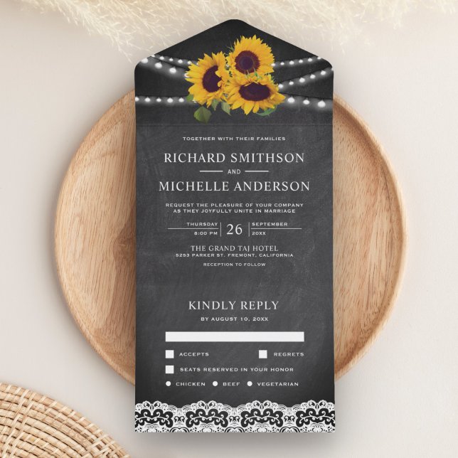 Chalkboard Lace String Lights Sunflower Wedding All In One Invitation (Creator Uploaded)