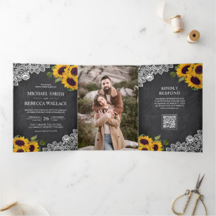 Chalkboard Lace Sunflower Photo QR Code Wedding Tri-Fold Invitation