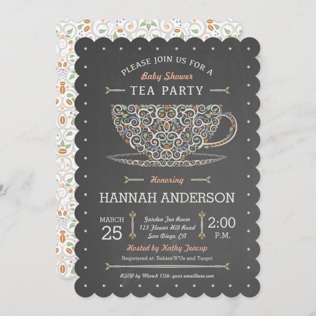 Chalkboard Lacy Teacup Baby Shower Invitation (Front/Back)