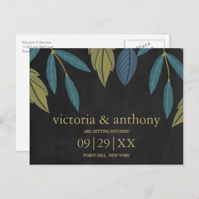 Chalkboard Leaf Wedding Save The Date Announcement Postcard (Front/Back)