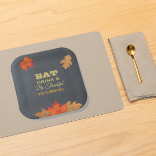 Chalkboard Leaves Eat Drink and Be Thankful Paper Plate