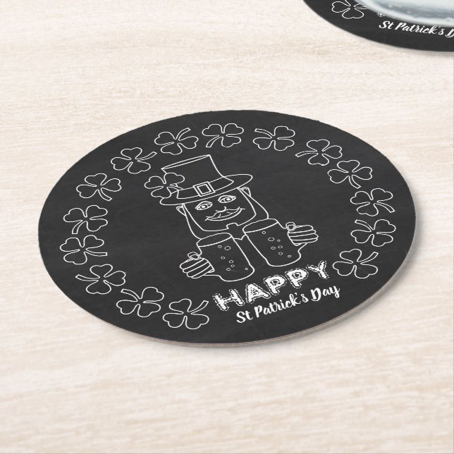 Chalkboard Leprechaun, St Patrick's Day Round Paper Coaster (Angled)