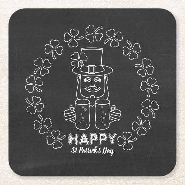 Chalkboard Leprechaun, St Patrick's Day Square Paper Coaster (Front)