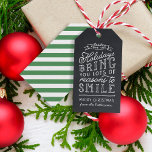 Chalkboard Lettering Green Stripes Holiday Gift Tags<br><div class="desc">Custom printed personalised holiday gift tags. This fun design features cute hand-lettered style typography on a faux chalkboard background with green striped back. The text reads "Hope the holidays bring you lots of reasons to smile". Personalise it with your name or other custom text. Use the design tools to edit...</div>