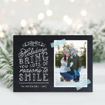 Chalkboard Lettering Holiday Photo Card<br><div class="desc">Affordable custom printed Christmas photo cards with simple templates for customisation. This fun design features cute hand-lettered style typography on a faux chalkboard background with aqua striped washi tape around your photo. The text reads "Hope the holidays bring you lots of reasons to smile". Personalise it with your photos, family...</div>