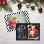 Chalkboard Lettering Holiday Photo Card<br><div class="desc">Affordable custom printed holiday photo cards with simple templates for customisation. This fun design features cute hand-lettered style typography on a faux chalkboard background with aqua striped washi tape around your photo. The text reads "Hope the holidays bring you lots of reasons to smile". Personalise it with your photos, family...</div>