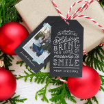 Chalkboard Lettering Holiday Photo Gift Tags<br><div class="desc">Custom printed holiday gift tags personalised with your photos and text. This fun two-sided design features cute hand-lettered style typography on a faux chalkboard background and aqua striped washi tape around your photo. The text reads "Hope the holidays bring you lots of reasons to smile". Personalise it with your photo,...</div>