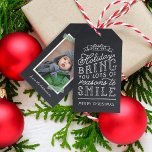 Chalkboard Lettering Holiday Photo Gift Tags<br><div class="desc">Custom printed holiday gift tags personalised with your photos and text. This fun two-sided design features cute hand-lettered style typography on a faux chalkboard background and green striped washi tape around your photo. The text reads "Hope the holidays bring you lots of reasons to smile". Personalise it with your photo,...</div>