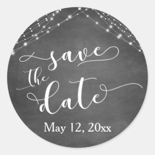 Chalkboard Light Strings Calligraphy Save the Date Classic Round Sticker