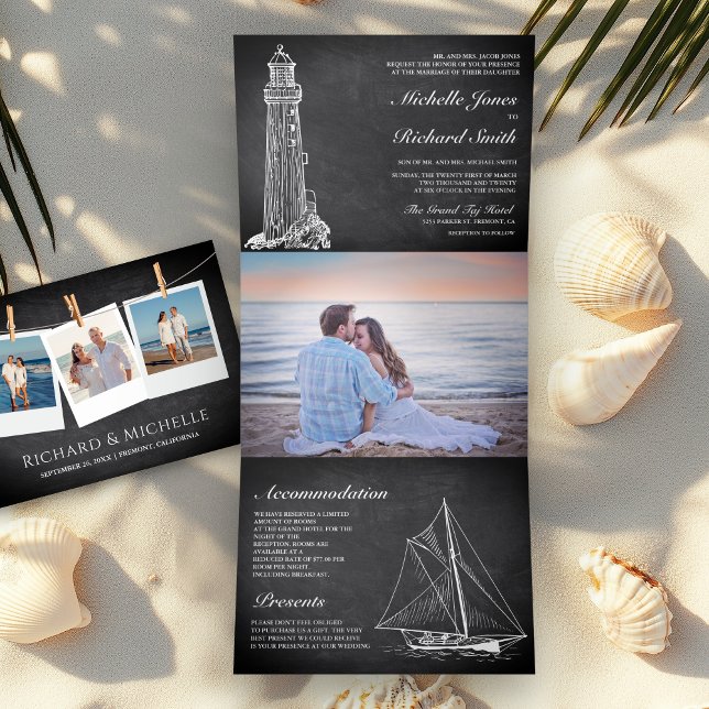 Chalkboard Lighthouse Sailboat Nautical Wedding Tri-Fold Invitation (Creator Uploaded)