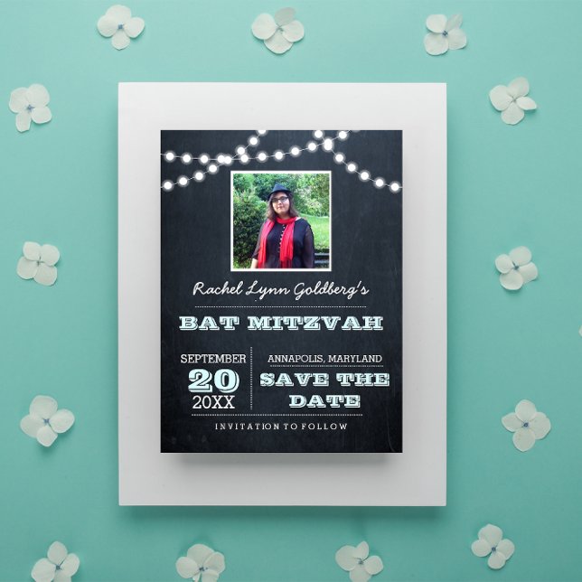 Chalkboard Lights Aqua Bat Mitzvah Photo Save Date Announcement Postcard (Creator Uploaded)
