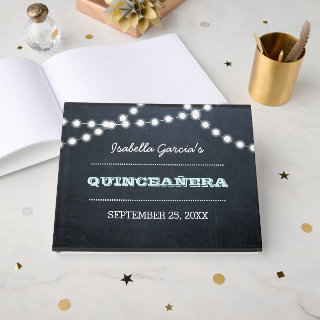 Chalkboard Lights Aqua Quinceañera  Guest Book (Front Open)