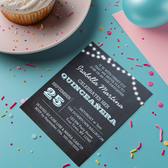 Chalkboard Lights Aqua Quinceañera Invitation (Creator Uploaded)