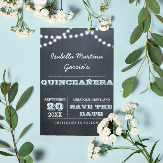 Chalkboard Lights Aqua Quinceañera Save the Date Announcement Postcard (Creator Uploaded)