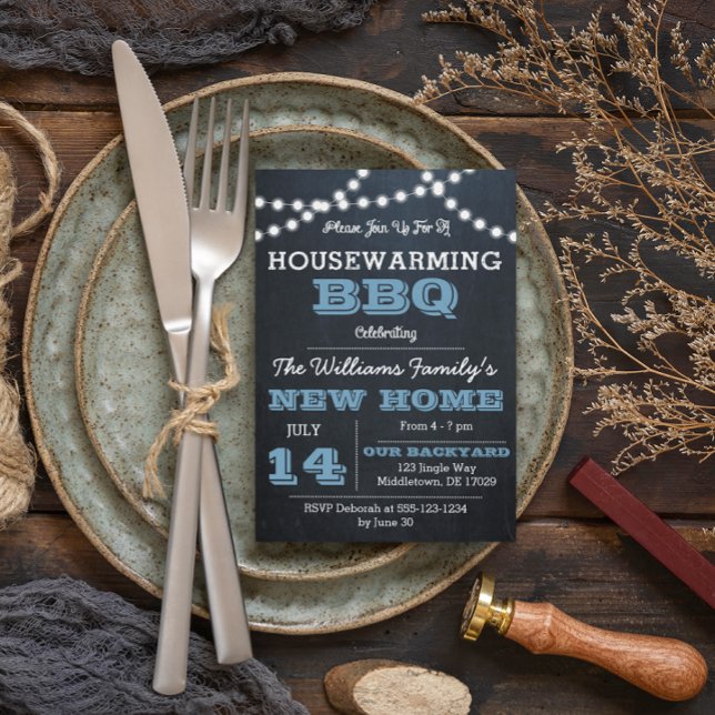 Chalkboard Lights Blue Housewarming Invitations (Creator Uploaded)