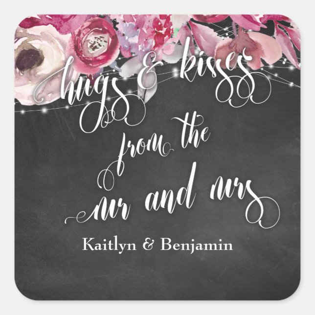 Chalkboard Lights Flowers Hugs & Kisses from Us Square Sticker (Front)