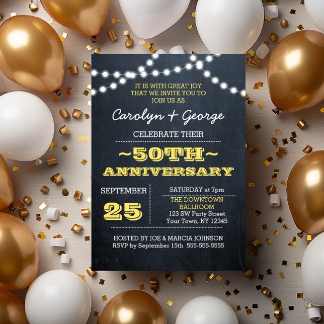 Chalkboard Lights Gold 50th Anniversary Invitation (Creator Uploaded)
