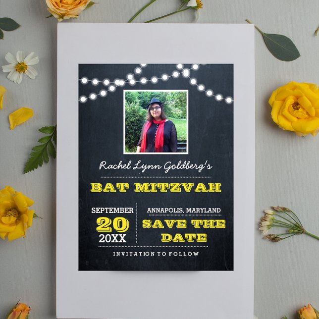 Chalkboard Lights Gold Bat Mitzvah Photo Save Date Announcement Postcard (Creator Uploaded)