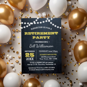 Chalkboard Lights Gold Retirement Party Invitation