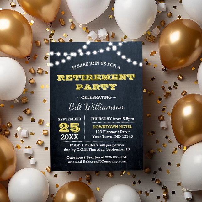 Chalkboard Lights Gold Retirement Party Invitation (Creator Uploaded)
