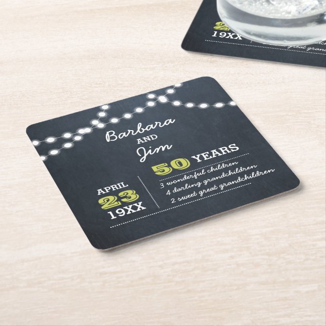 Chalkboard Lights Golden Anniversary Square Paper Coaster (Angled)