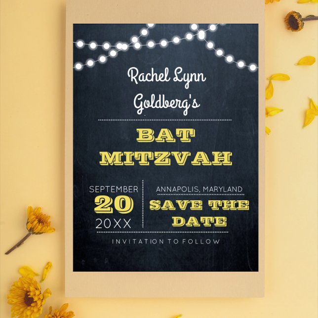 Chalkboard Lights Golden Bat Mitzvah Save the Date Announcement Postcard (Creator Uploaded)