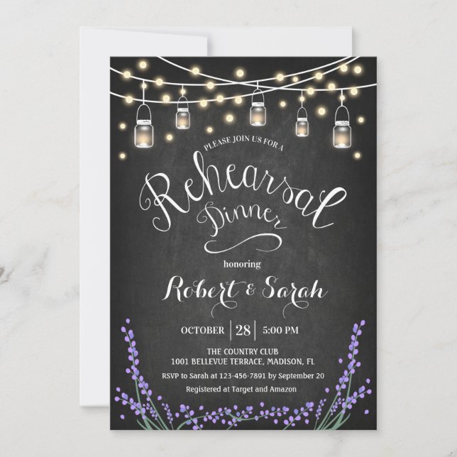 Chalkboard Lights Lavender Rehearsal Dinner Invitation (Front)