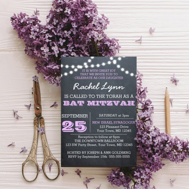 Chalkboard Lights Lilac Bat Mitzvah Invitation (Creator Uploaded)