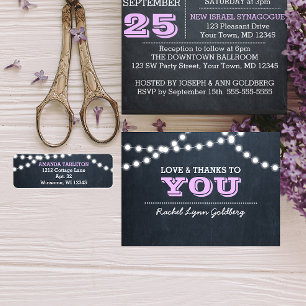 Chalkboard Lights Lilac Bat Mitzvah Thank You Note Card