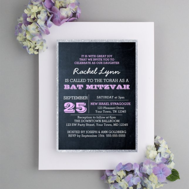 Chalkboard Lights Lilac Glitter Border Bat Mitzvah Invitation (Creator Uploaded)